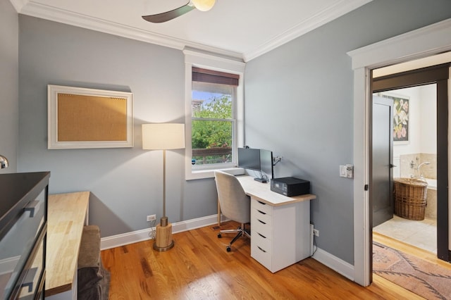 2250 W Argyle St Unit 1, Chicago, IL 60625 - office area featuring crown molding, light wood finished floors, baseboards, and a ceiling fan