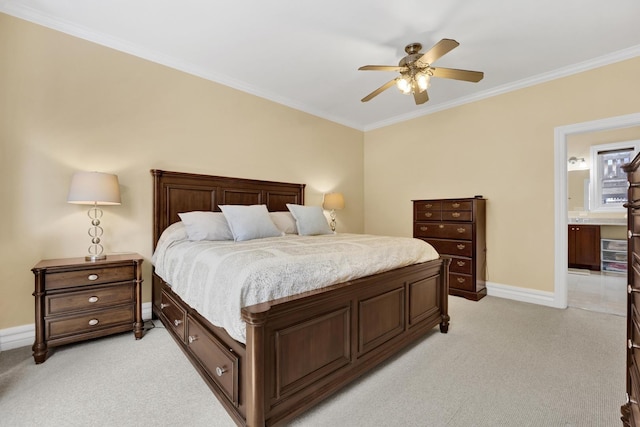 5127 N Damen Ave Unit B, Chicago, IL 60625 - bedroom with light carpet, baseboards, crown molding, ceiling fan, and connected bathroom
