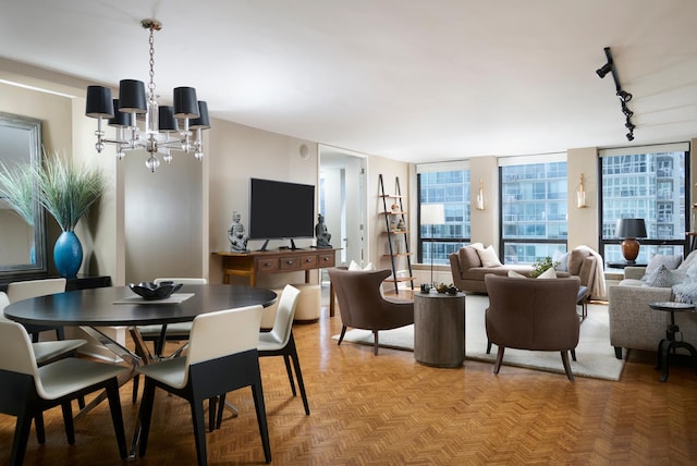 living area featuring track lighting and a chandelier