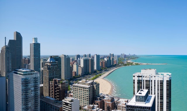 bird's eye view of expansive beach and a view of skyline