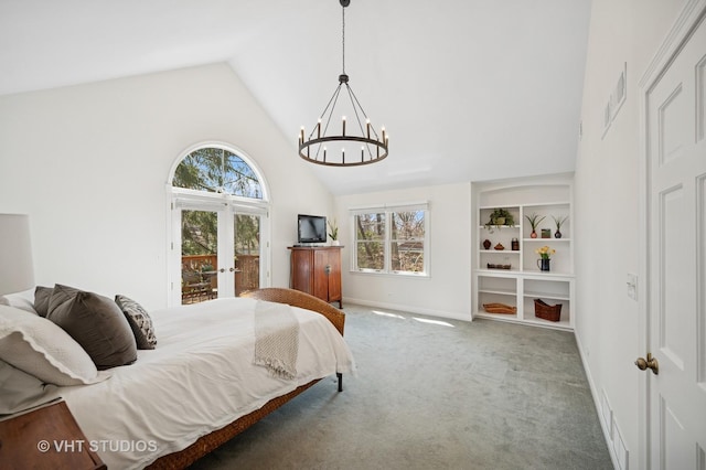 630 Juniper Rd, Glenview, IL 60025 - bedroom featuring french doors, carpet floors, access to outside, a chandelier, and baseboards