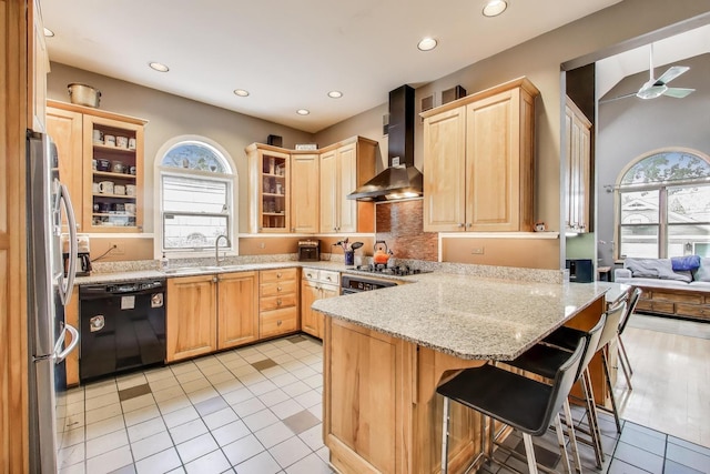 35 Keystone Ave, River Forest, IL 60305 - kitchen with appliances with stainless steel finishes, wall chimney range hood, a peninsula, light brown cabinets, and a sink