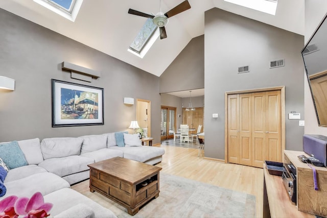 35 Keystone Ave, River Forest, IL 60305 - living area featuring a skylight, high vaulted ceiling, light wood finished floors, and ceiling fan