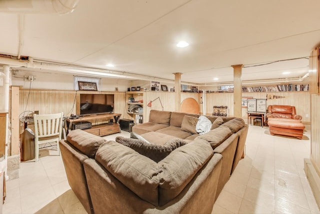 35 Keystone Ave, River Forest, IL 60305 - living area featuring wood walls, light tile patterned floors, and recessed lighting