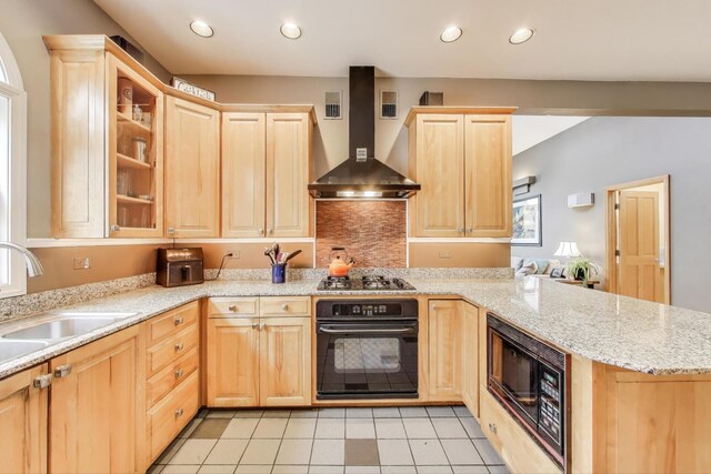 35 Keystone Ave, River Forest, IL 60305 - kitchen with black appliances, wall chimney range hood, light brown cabinets, a peninsula, and a sink