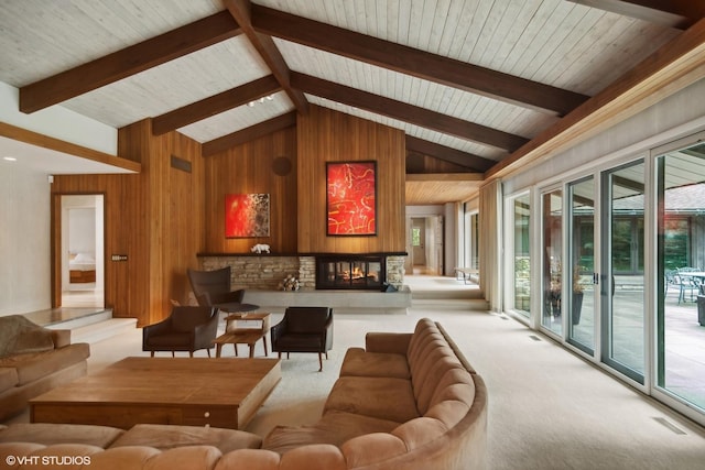 carpeted living room featuring wooden walls and a multi sided fireplace