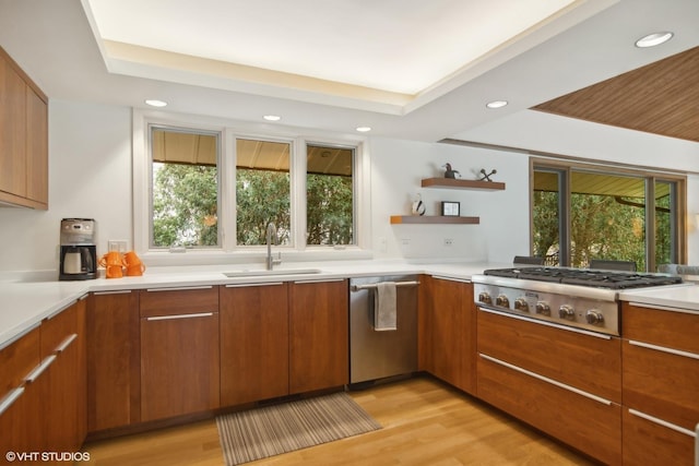 kitchen with appliances with stainless steel finishes, a sink, healthy amount of natural light, brown cabinets, and recessed lighting