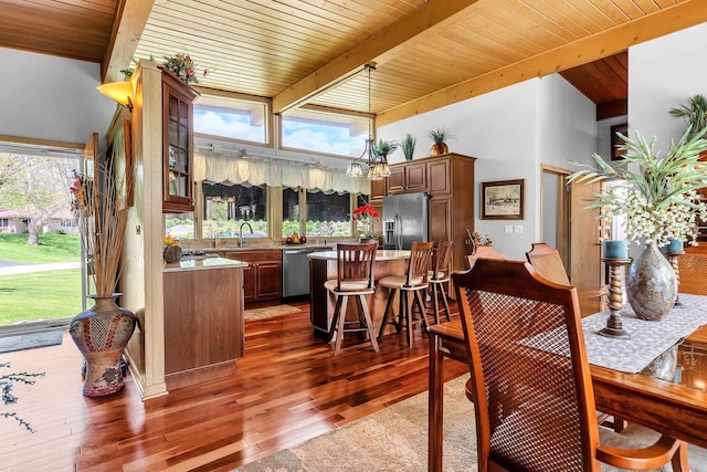 347 Park Dr, Palatine, IL 60067 - dining area with hardwood / wood-style flooring, healthy amount of natural light, wooden ceiling with exposed beams, and a chandelier
