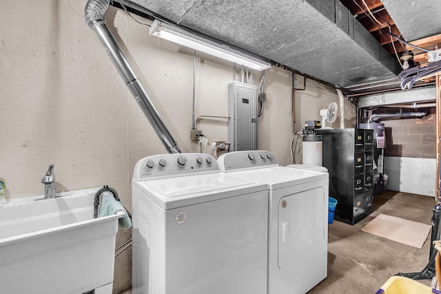 347 Park Dr, Palatine, IL 60067 - laundry room featuring electric panel, washer and dryer, and gas water heater