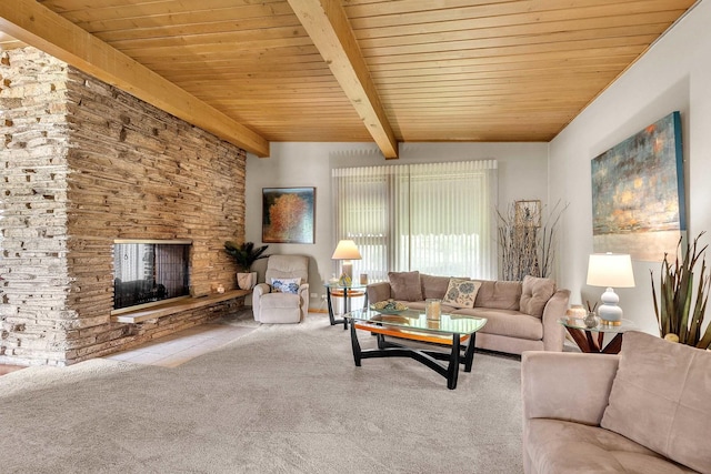 347 Park Dr, Palatine, IL 60067 - carpeted living room featuring wooden ceiling with exposed beams, a fireplace, and tile patterned flooring