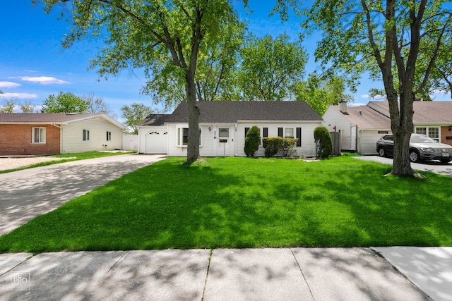 view of front of home featuring driveway, a garage, a front yard, and brick siding