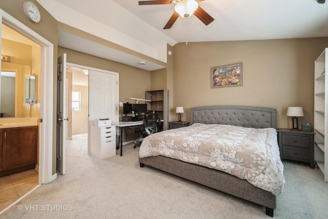 1098 N Claremont Dr Unit 1, Palatine, IL 60074 - carpeted bedroom with vaulted ceiling, an office area, ceiling fan, and connected bathroom