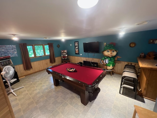 8734 W 99th St, Palos Hills, IL 60465 - rec room featuring wainscoting, tile patterned floors, billiards table, and wood walls