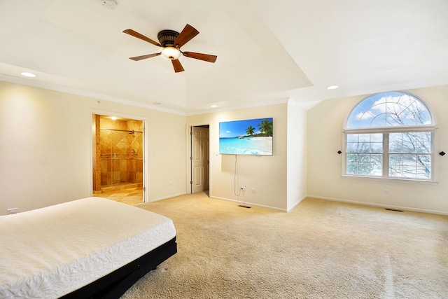 bedroom with light carpet, recessed lighting, baseboards, a ceiling fan, and connected bathroom