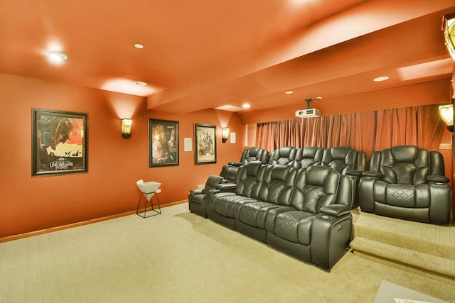 carpeted home theater featuring recessed lighting and baseboards