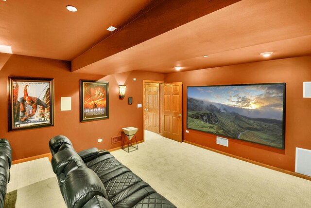 cinema with carpet, baseboards, and recessed lighting
