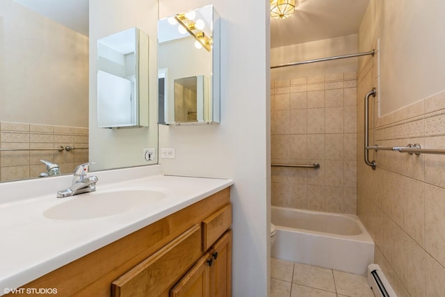 401 W Webster Ave Unit 509, Chicago, IL 60614 - bathroom featuring tile patterned floors, vanity, baseboard heating, tile walls, and shower / tub combination