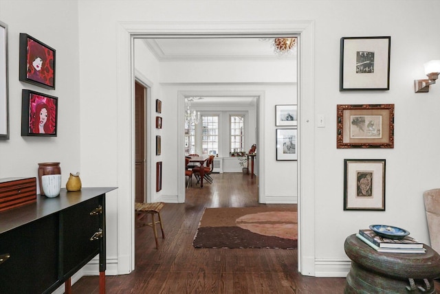 232 E Walton Pl Unit 3W, Chicago, IL 60611 - hall with ornamental molding, dark wood-style flooring, and baseboards