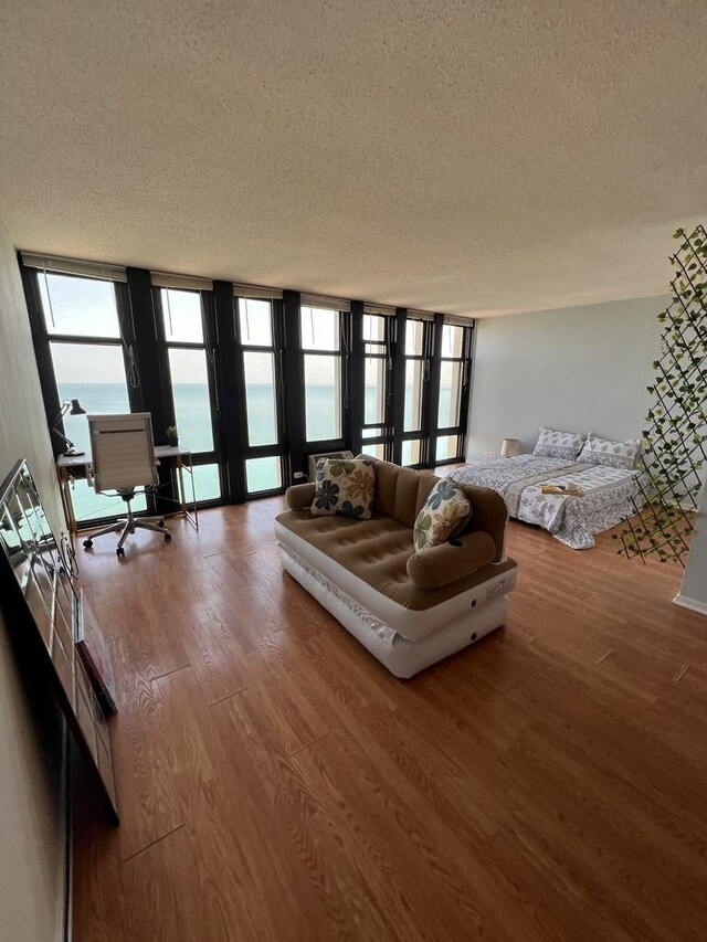6700 S S Shore Dr Unit 19K, Chicago, IL 60649 - living area featuring a textured ceiling, a desk, and wood finished floors