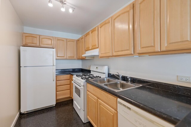 6700 S S Shore Dr Unit 19K, Chicago, IL 60649 - kitchen with white appliances, light brown cabinets, a sink, under cabinet range hood, and dark countertops