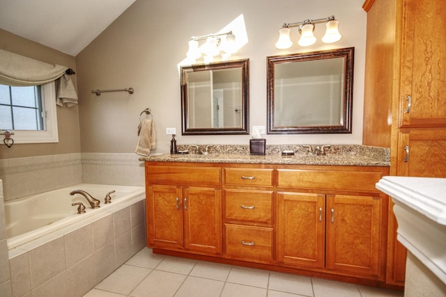 25451 Regent Blvd, Shorewood, IL 60404 - full bath featuring tile patterned flooring, vaulted ceiling, a bath, and double vanity