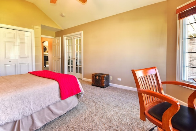 25451 Regent Blvd, Shorewood, IL 60404 - carpeted bedroom with lofted ceiling, multiple windows, a closet, baseboards, and french doors