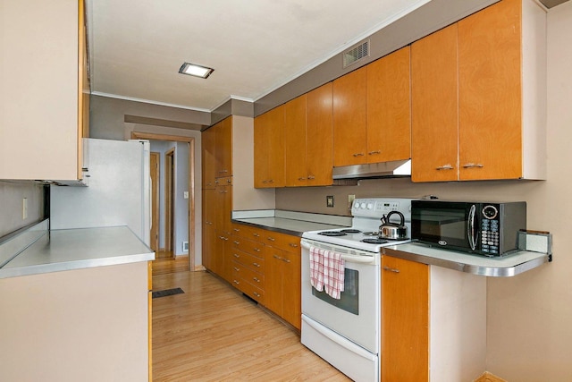 807 S Main St, Belvidere, IL 61008 - kitchen with white appliances, under cabinet range hood, light wood-style flooring, brown cabinets, and light countertops