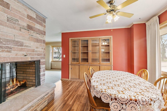 807 S Main St, Belvidere, IL 61008 - dining space featuring wood finished floors, a multi sided fireplace, ceiling fan, baseboards, and crown molding
