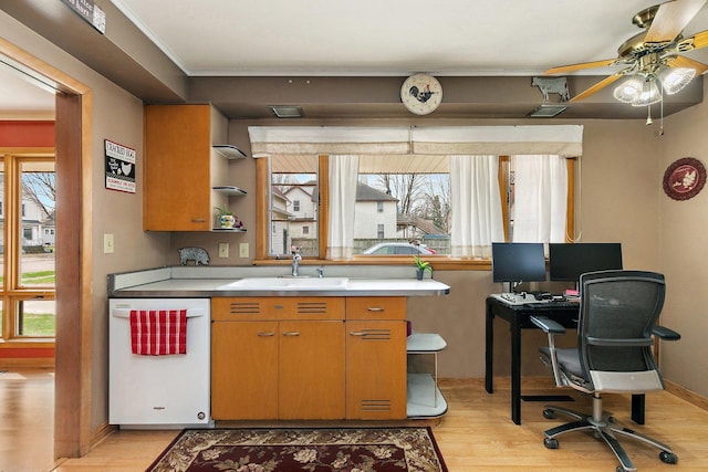 807 S Main St, Belvidere, IL 61008 - kitchen with dishwasher, a sink, light wood-type flooring, ceiling fan, and ornamental molding