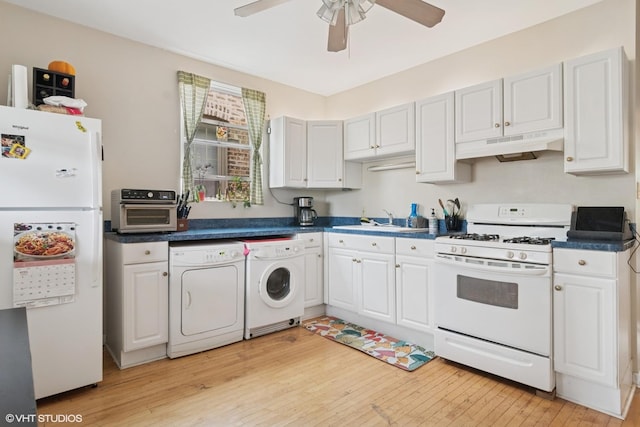 3624 N Leavitt St, Chicago, IL 60618 - kitchen with white appliances, under cabinet range hood, a sink, light wood-style floors, and a ceiling fan