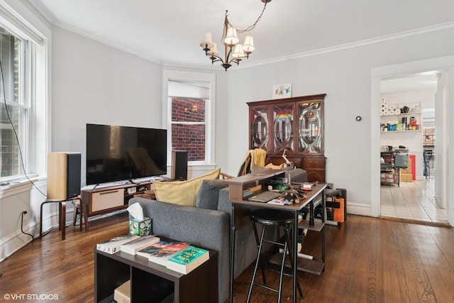 3624 N Leavitt St, Chicago, IL 60618 - living area with a chandelier, wood-type flooring, plenty of natural light, ornamental molding, and baseboards
