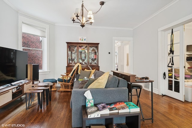 3624 N Leavitt St, Chicago, IL 60618 - living area featuring a chandelier, ornamental molding, and dark wood-type flooring