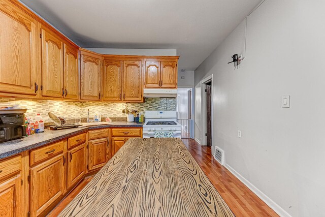 1230 S 57th Ct, Cicero, IL 60804 - kitchen with white range with gas cooktop, under cabinet range hood, tasteful backsplash, light wood-type flooring, and baseboards
