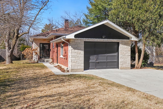 2936 Warbler Pl, Highland Park, IL 60035 - view of home's exterior with concrete driveway, a chimney, stone siding, brick siding, and a yard