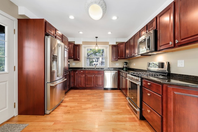 2936 Warbler Pl, Highland Park, IL 60035 - kitchen with stainless steel appliances, a sink, light wood-style flooring, dark brown cabinets, and recessed lighting