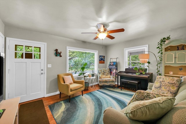 505 S Maple St, Urbana, IL 61801 - living area with plenty of natural light, ceiling fan, wood finished floors, and baseboards