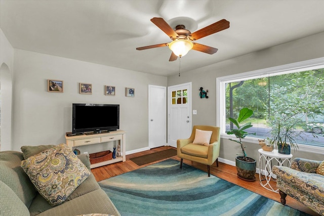 505 S Maple St, Urbana, IL 61801 - living room featuring ceiling fan, wood finished floors, baseboards, and arched walkways