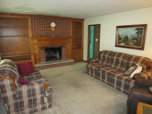 living area featuring carpet flooring, a fireplace, and built in features
