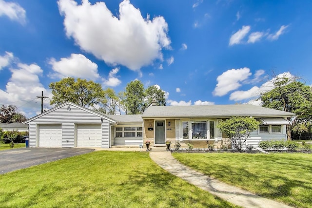 1394 Carol Ln, Des Plaines, IL 60018 - ranch-style home featuring asphalt driveway, an attached garage, a front lawn, and a chimney