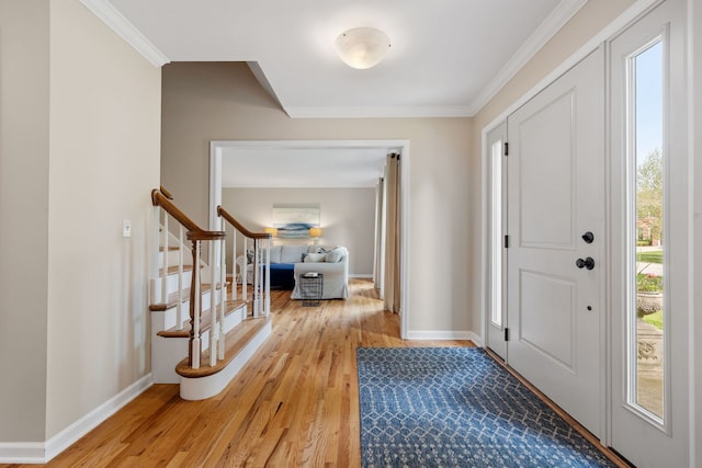 424 Dilorenzo Dr, Naperville, IL 60565 - entrance foyer with light wood-type flooring, stairway, baseboards, and ornamental molding