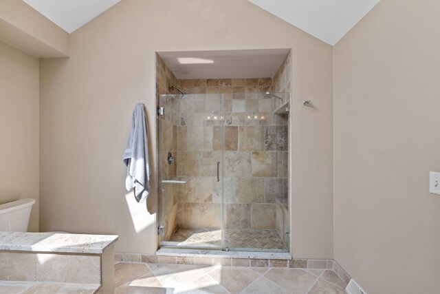 424 Dilorenzo Dr, Naperville, IL 60565 - full bath with lofted ceiling, a stall shower, toilet, and baseboards