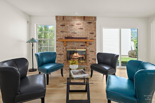 living room featuring light wood-style floors and a fireplace