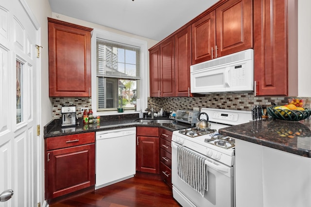 3848 N Lamon Ave Unit 1, Chicago, IL 60641 - kitchen with white appliances, a sink, dark wood-style floors, decorative backsplash, and reddish brown cabinets