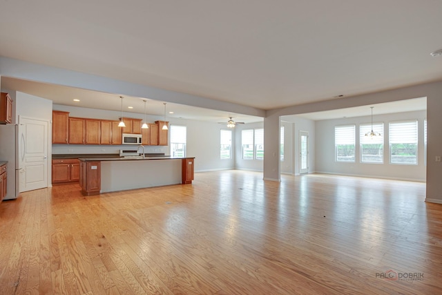 3629 Canton Cir, Mundelein, IL 60060 - unfurnished living room featuring light wood-style flooring, baseboards, a ceiling fan, recessed lighting, and a sink