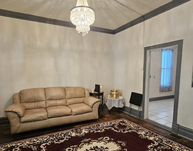 4850 S Honore St, Chicago, IL 60609 - living area featuring ornamental molding, a chandelier, baseboards, and dark wood-style floors