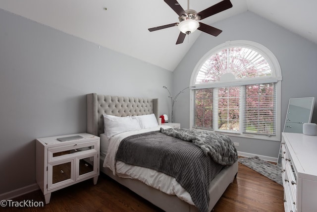 504 Lindley Ave, Westmont, IL 60559 - bedroom featuring baseboards, dark wood-style flooring, vaulted ceiling, and ceiling fan