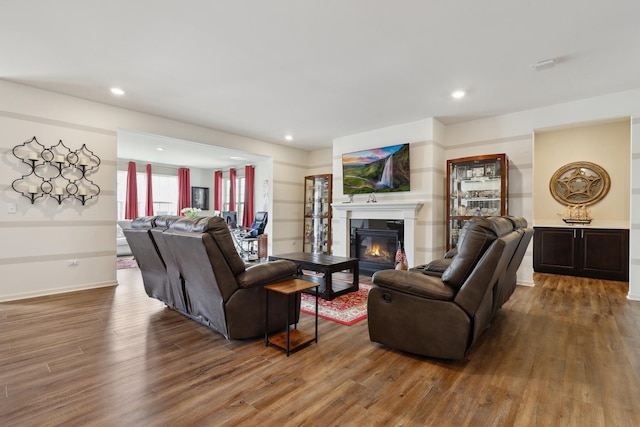 living area featuring wood finished floors, a glass covered fireplace, baseboards, and recessed lighting