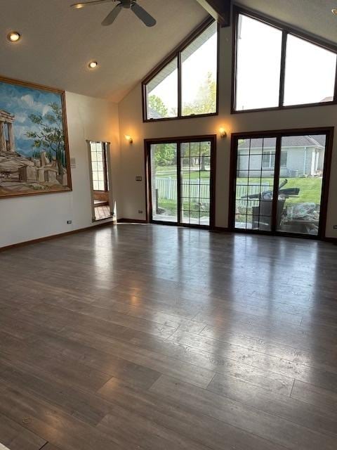 8005 W 143rd Pl, Orland Park, IL 60462 - unfurnished living room with high vaulted ceiling, ceiling fan, baseboards, dark wood-style floors, and recessed lighting