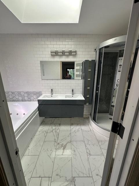 8005 W 143rd Pl, Orland Park, IL 60462 - full bath featuring marble finish flooring, a shower stall, a whirlpool tub, and double vanity