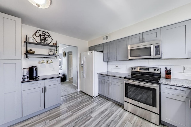 116 Steeple Dr Unit E, Buffalo Grove, IL 60089 - kitchen featuring stainless steel appliances, tasteful backsplash, gray cabinets, and light wood-style floors